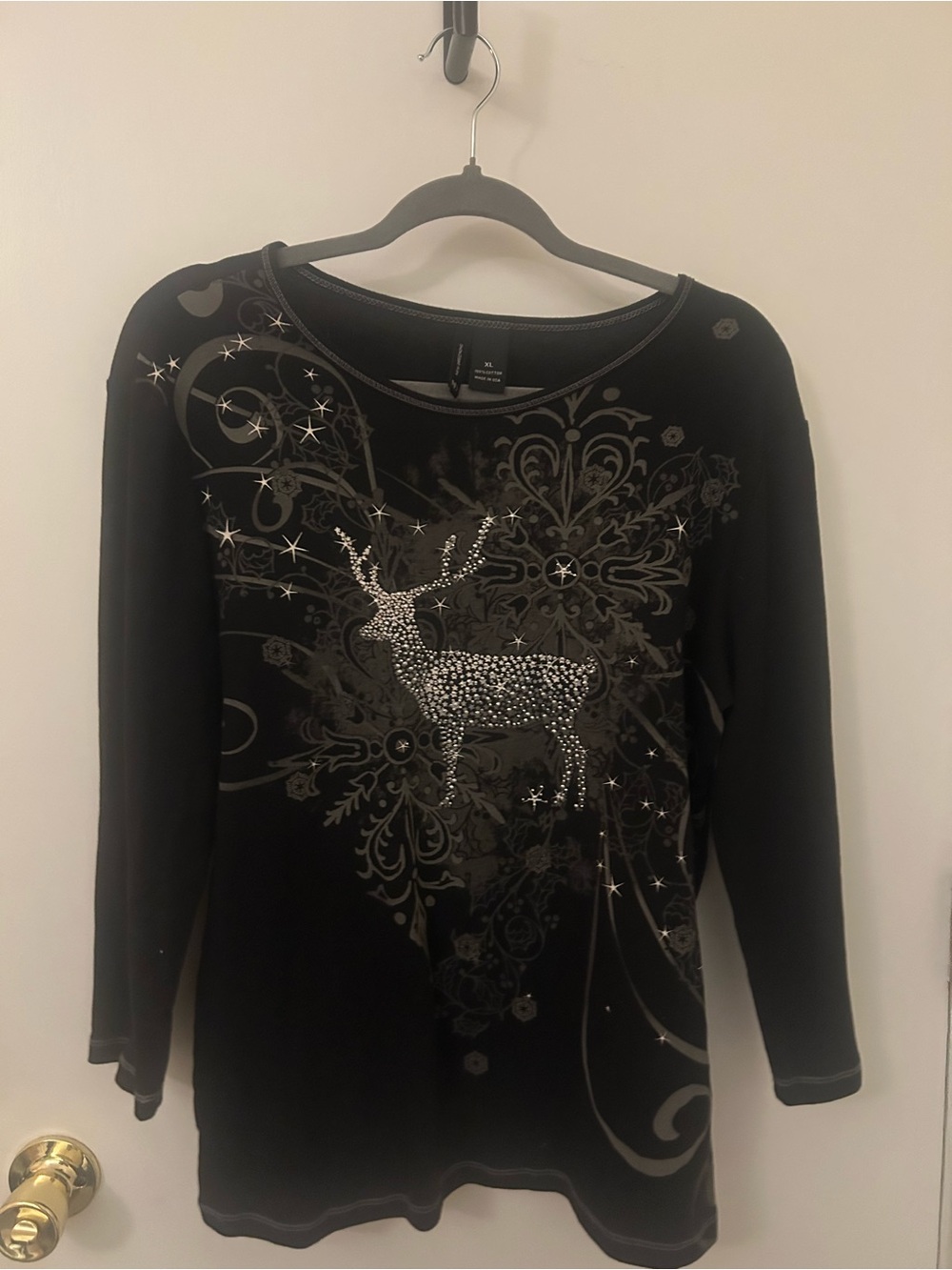 new directions Black Long-Sleeve Rhinestone Reindeer Graphic Tee